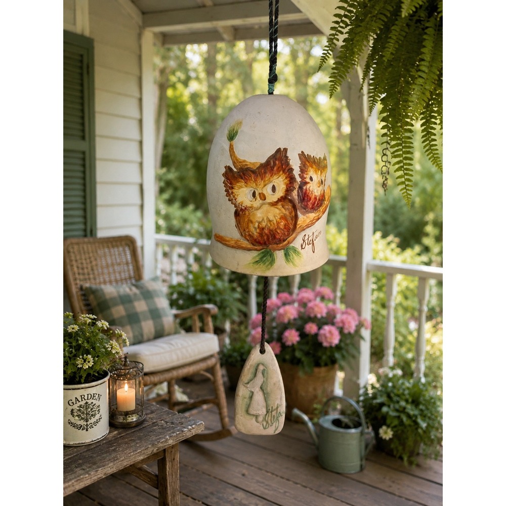 Stefan Signed Hand Painted Ceramic Owl Wind Chime Folk Art Garden Decor White